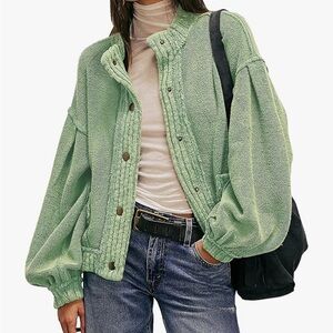 Green Button-Front boxy bomber sweater Jacket